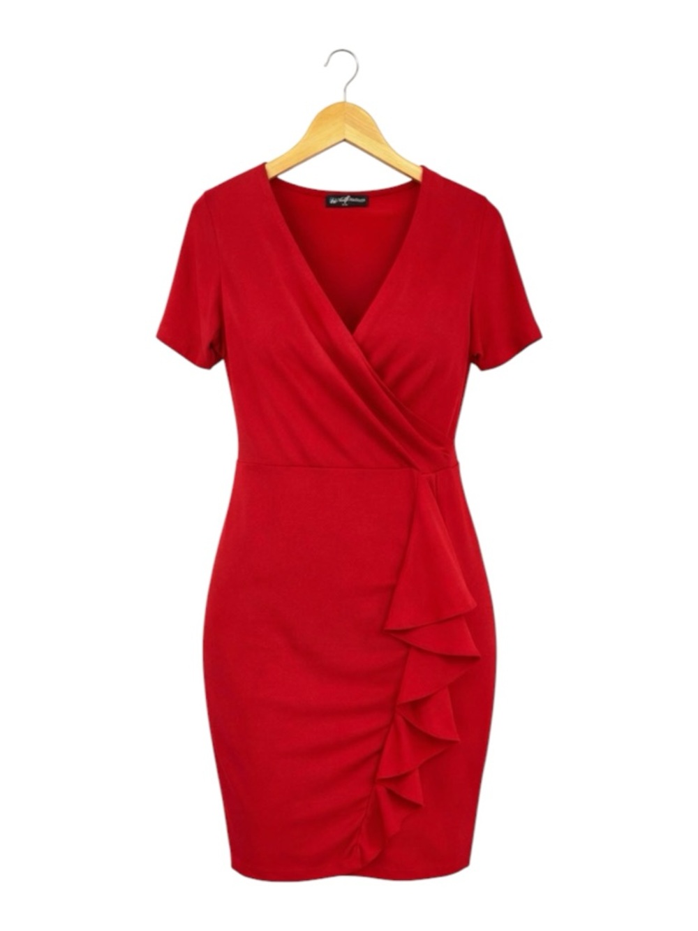 NWT! Beautiful Red Dress Oxiuly Womens V Neck, Slim Ruffle Pencil stretch Size L - Picture 6 of 6